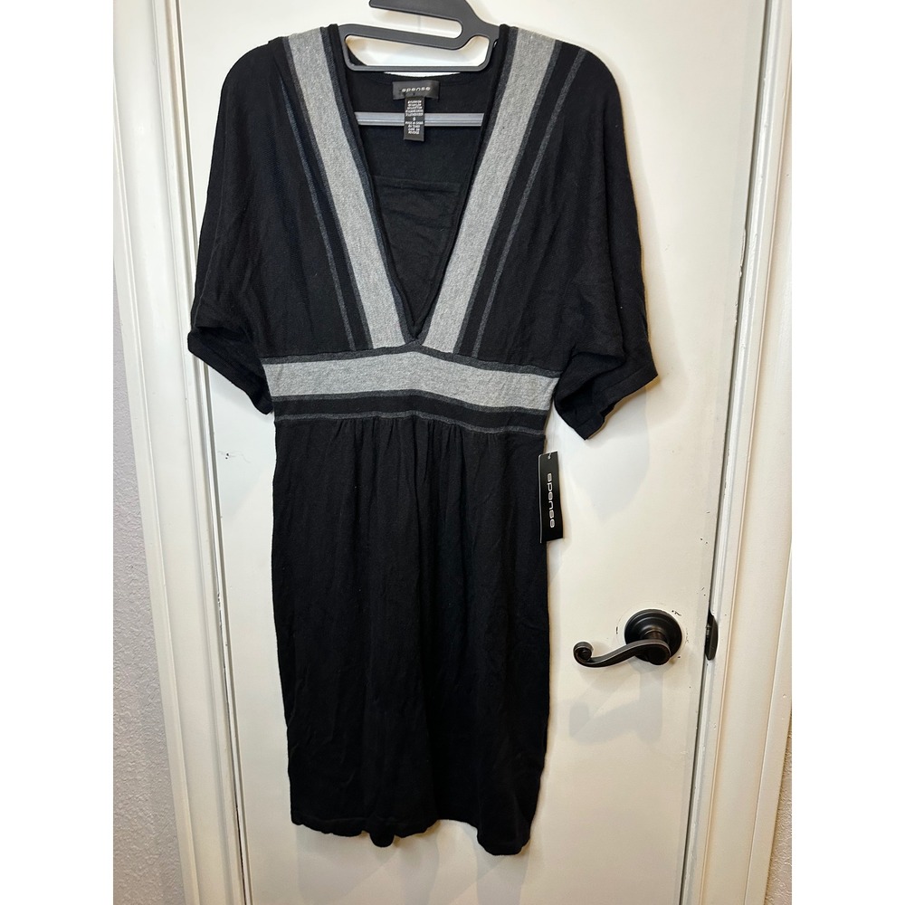 Spense Womens Black Gray Striped V-Neck Empire Waist Sweater Dress R68413 S